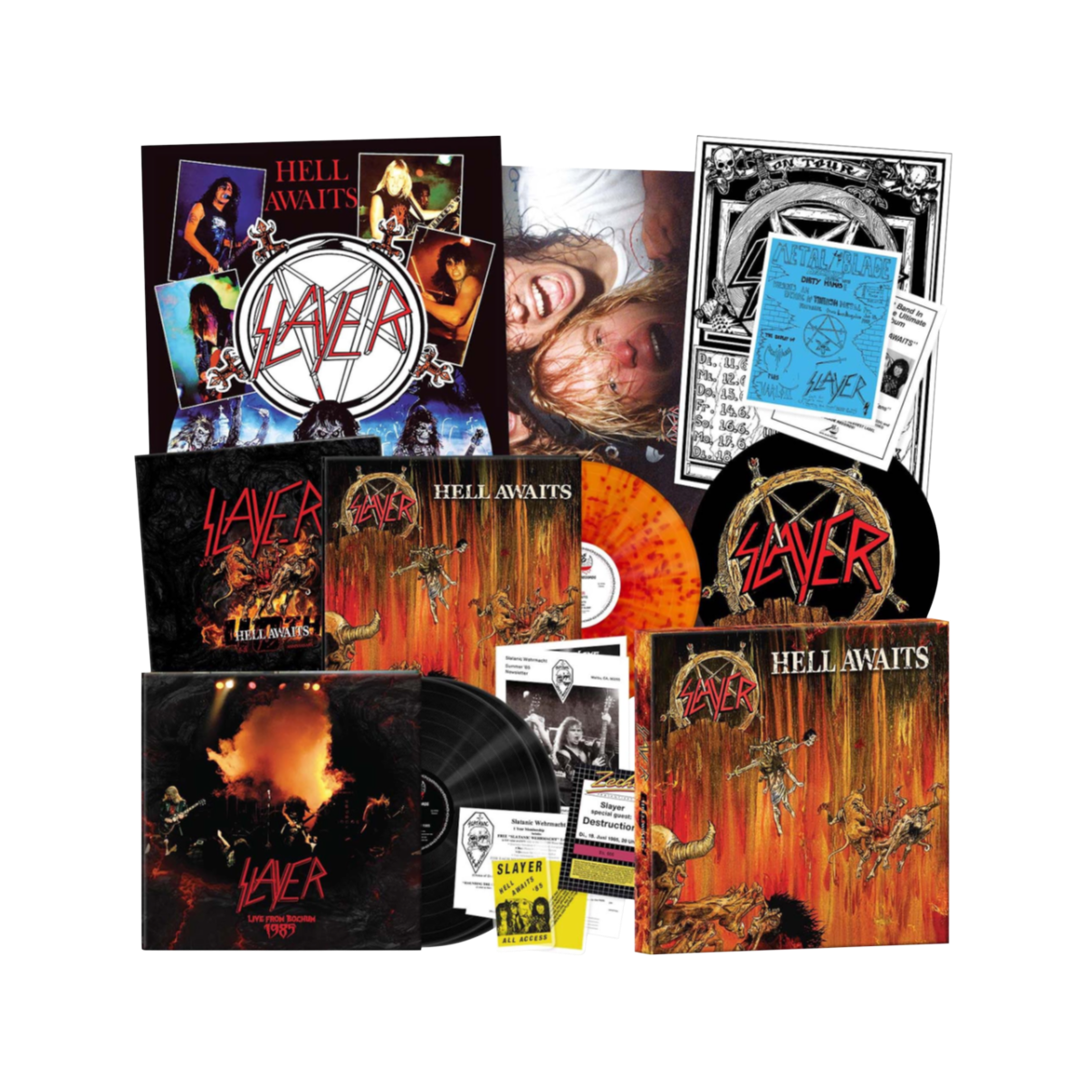 Boxset Slayer - Hell Awaits 40th Anniversary (60-Page Book/Slipmat/Tickets/Posters/2 Black & 1 Fire Splatter Vinyl)