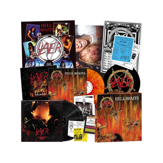 BOXSET SLAYER - HELL AWAITS (40TH ANNIVERSARY) (60-PAGE BOOK/SLIPMAT/TICKETS/POSTERS/2 BLACK & 1 FIRE SPLATTER VINYL)